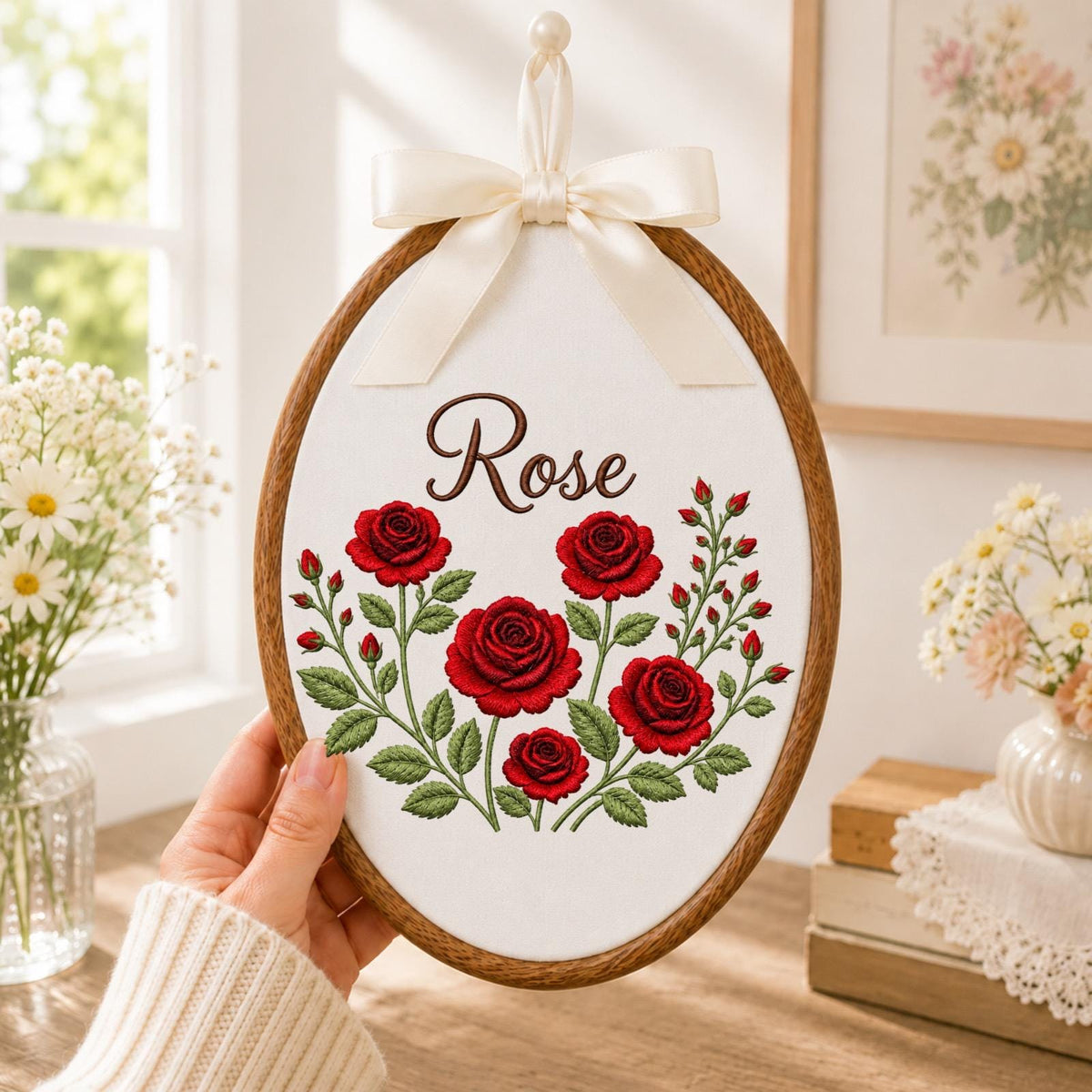 Personalized Rose Embroidered Ornament, Custom Name Floral Hoop, Red Rose Flower Decor, Birth Flower Keepsake, Personalized Gift for Her