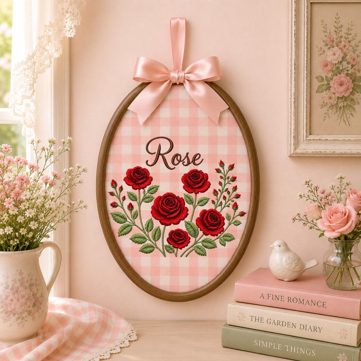 Personalized Rose Embroidered Ornament, Custom Name Floral Hoop, Red Rose Flower Decor, Birth Flower Keepsake, Personalized Gift for Her