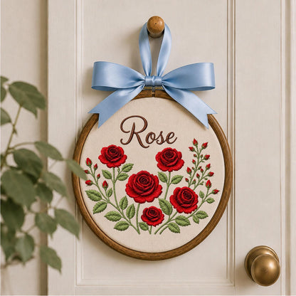 Personalized Rose Embroidered Ornament, Custom Name Floral Hoop, Red Rose Flower Decor, Birth Flower Keepsake, Personalized Gift for Her