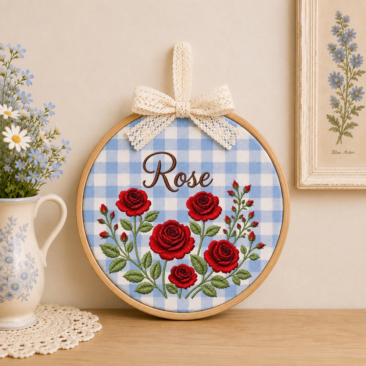 Personalized Rose Embroidered Ornament, Custom Name Floral Hoop, Red Rose Flower Decor, Birth Flower Keepsake, Personalized Gift for Her