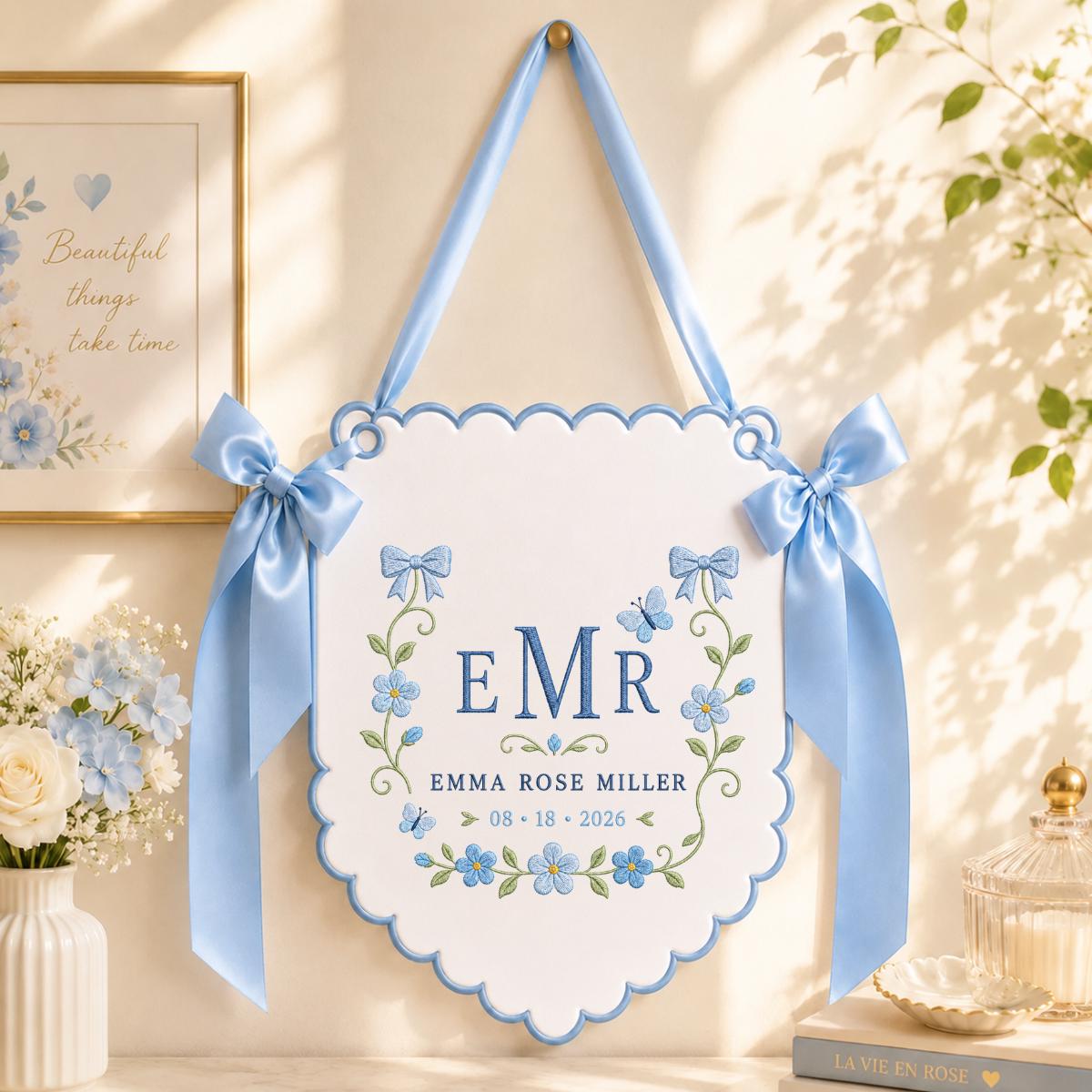 Custom Monogram Wall Hanging, Floral Embroidery Bow Banner, Personalized Name and Date Decor, Lavender Ribbon Wedding Keepsake
