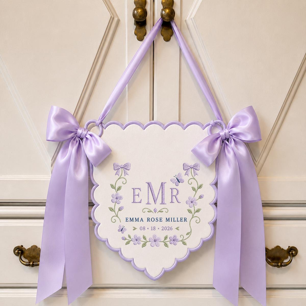 Custom Monogram Wall Hanging, Floral Embroidery Bow Banner, Personalized Name and Date Decor, Lavender Ribbon Wedding Keepsake
