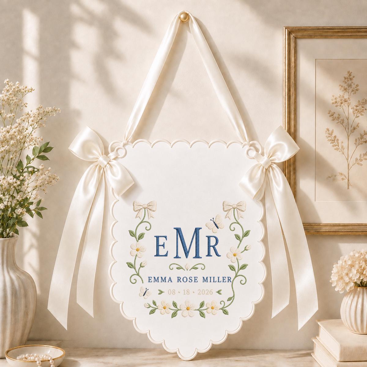 Custom Monogram Wall Hanging, Floral Embroidery Bow Banner, Personalized Name and Date Decor, Lavender Ribbon Wedding Keepsake