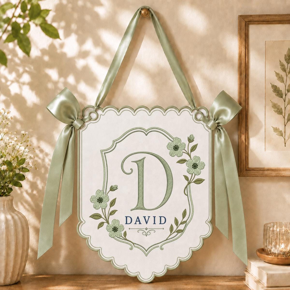Personalized Monogram Bow Banner, David Initial D Wall Hanging, Floral Scalloped Ornament, Lavender Ribbon Decor, Custom Name Gift