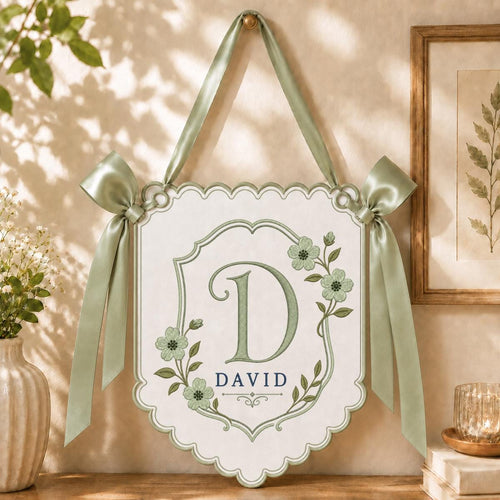 Personalized Monogram Bow Banner, David Initial D Wall Hanging, Floral Scalloped Ornament, Lavender Ribbon Decor, Custom Name Gift