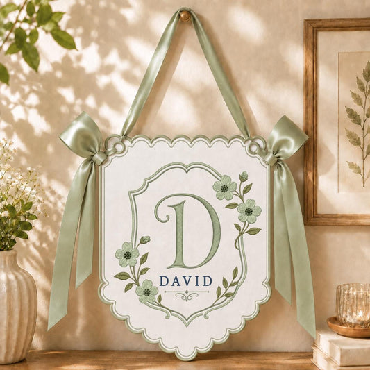 Personalized Monogram Bow Banner, David Initial D Wall Hanging, Floral Scalloped Ornament, Lavender Ribbon Decor, Custom Name Gift