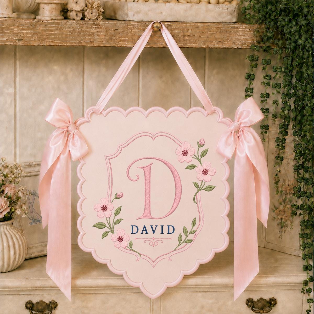 Personalized Monogram Bow Banner, David Initial D Wall Hanging, Floral Scalloped Ornament, Lavender Ribbon Decor, Custom Name Gift