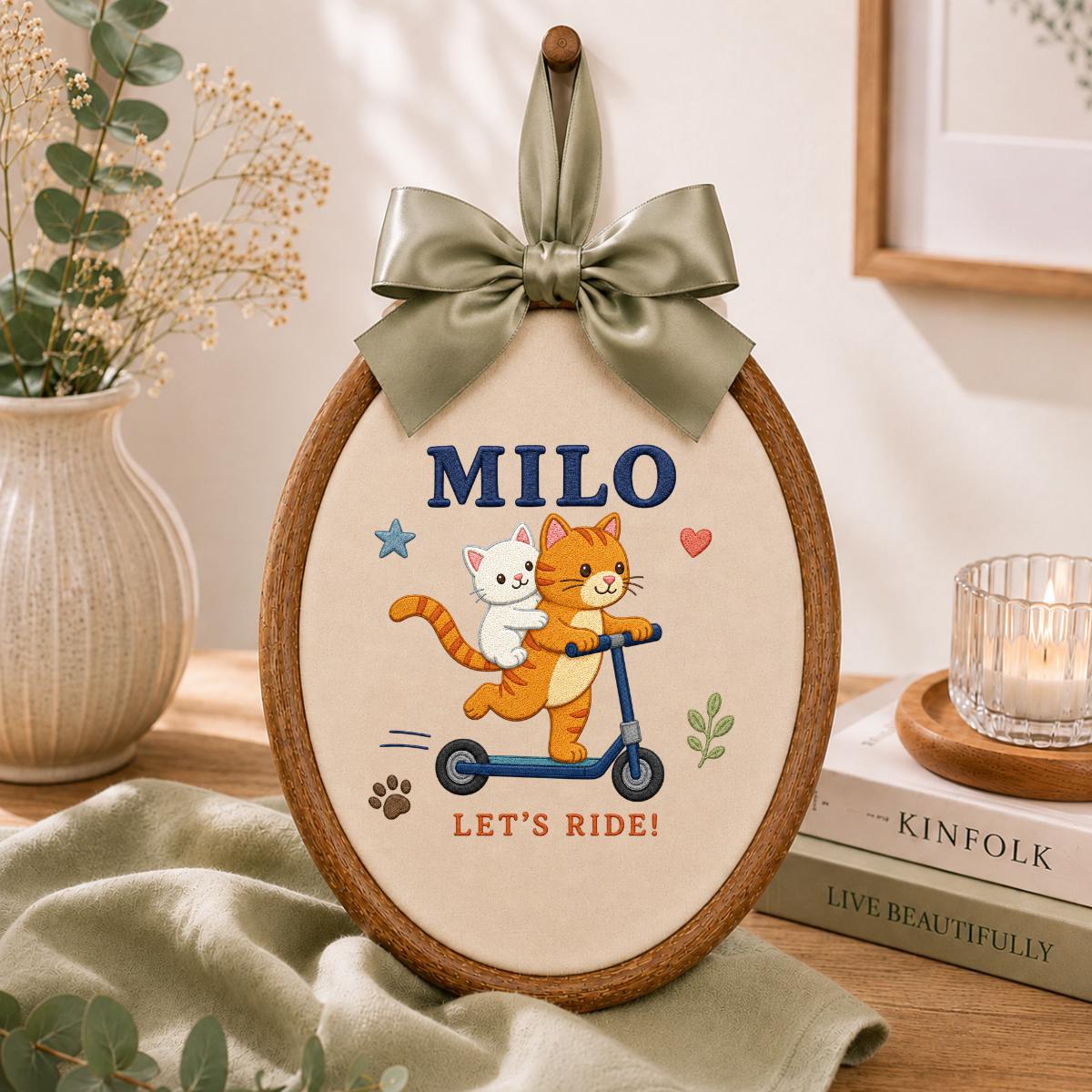 Personalized Cat Scooter Ornament, Milo Embroidery Hoop Wall Hanging, Cute Cat Couple Decor, Custom Name Gift, Kids Room Decoration