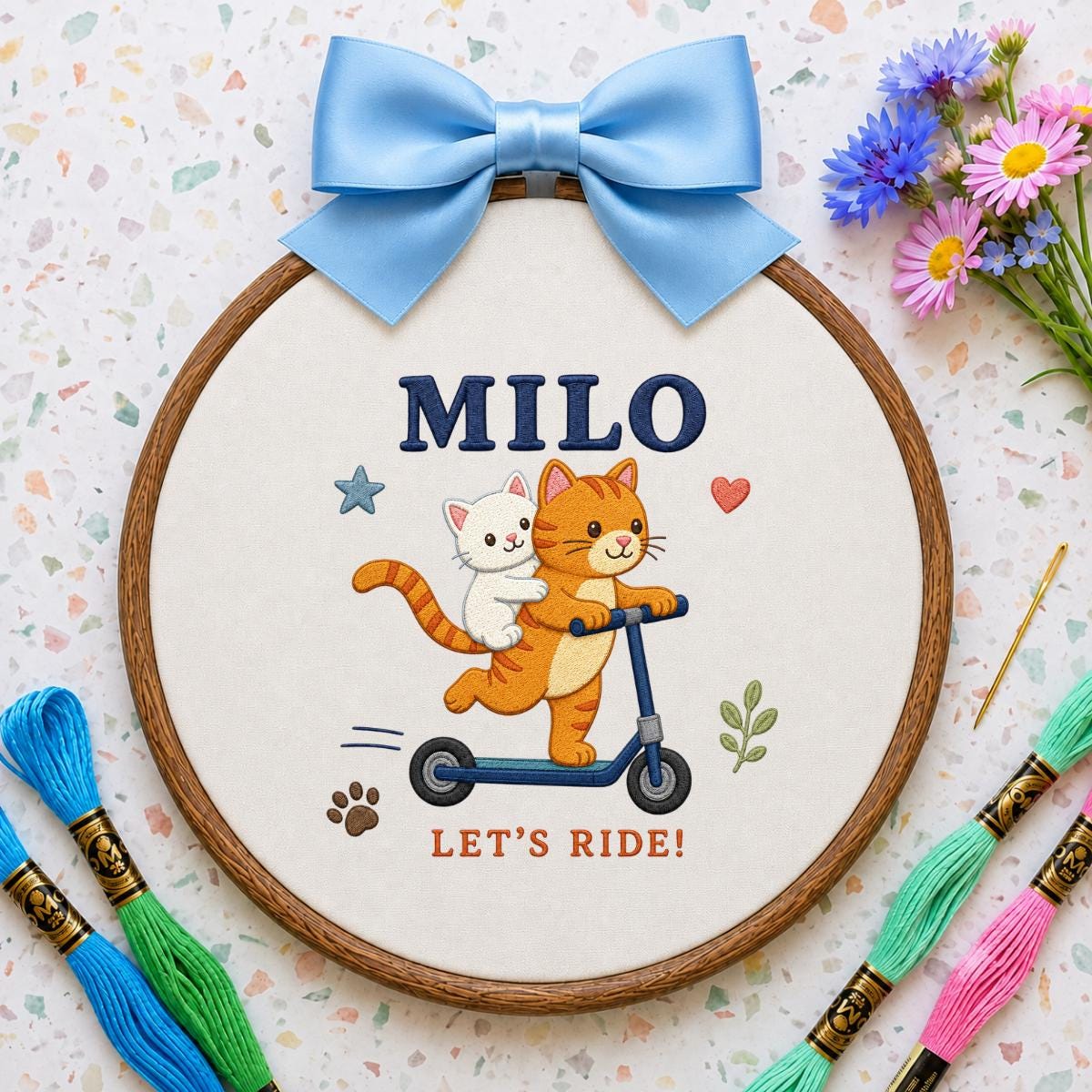 Personalized Cat Scooter Ornament, Milo Embroidery Hoop Wall Hanging, Cute Cat Couple Decor, Custom Name Gift, Kids Room Decoration