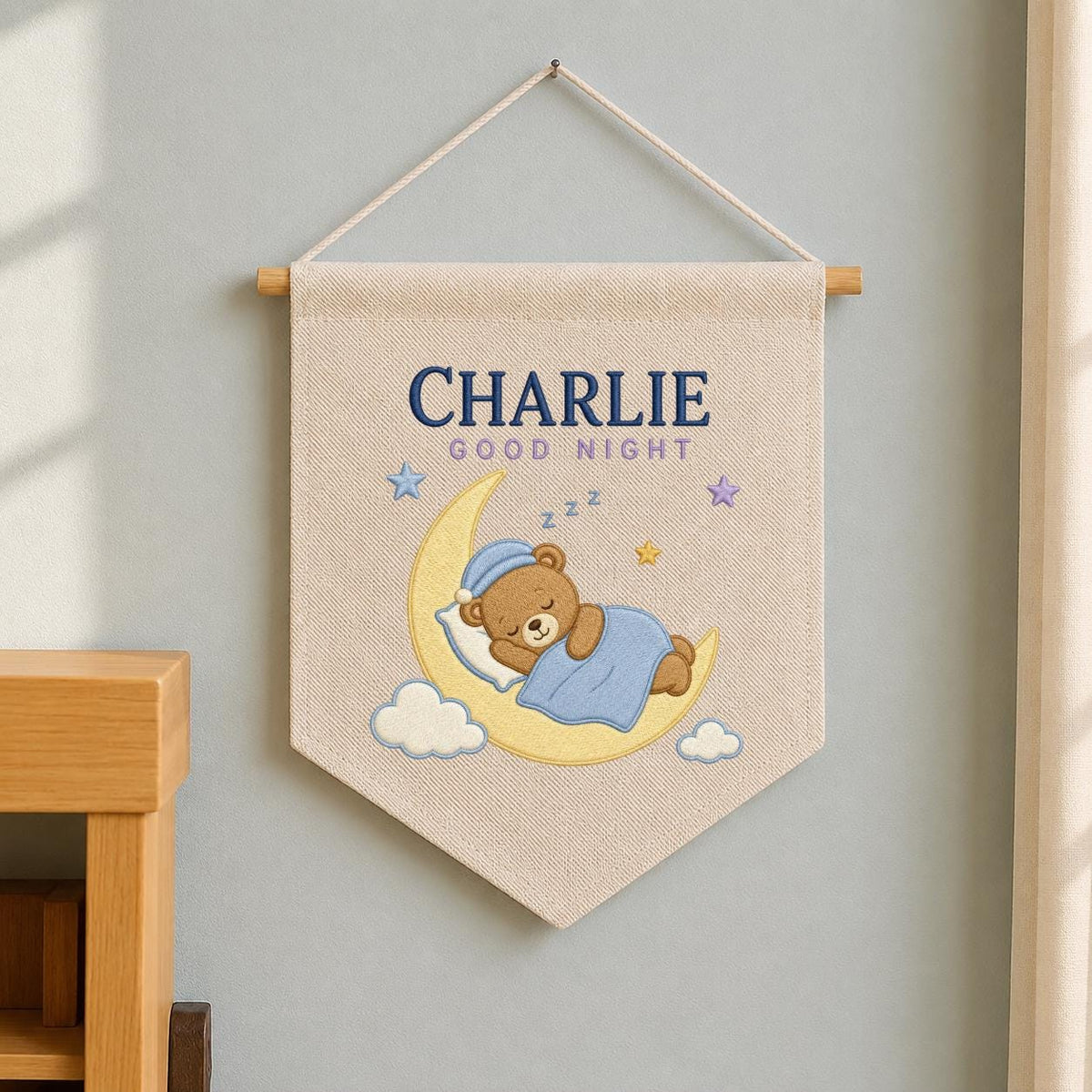 Personalized Sleepy Bear Pennant, Charlie Name Moon Wall Decor, Teddy Bear Embroidery Banner, Nursery Wall Hanging, Baby Gift