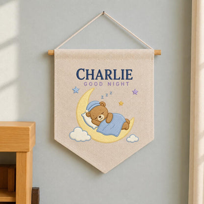 Personalized Sleepy Bear Pennant, Charlie Name Moon Wall Decor, Teddy Bear Embroidery Banner, Nursery Wall Hanging, Baby Gift