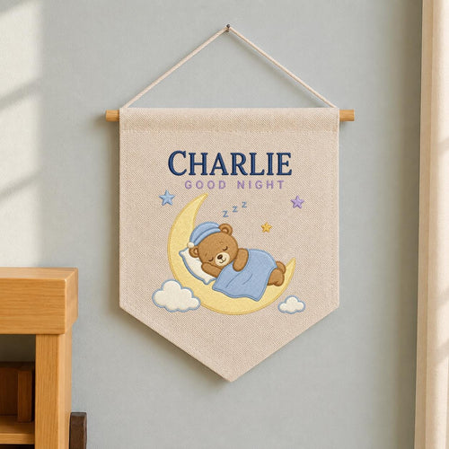 Personalized Sleepy Bear Pennant, Charlie Name Moon Wall Decor, Teddy Bear Embroidery Banner, Nursery Wall Hanging, Baby Gift