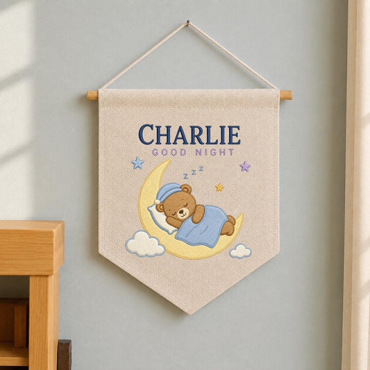 Personalized Sleepy Bear Pennant, Charlie Name Moon Wall Decor, Teddy Bear Embroidery Banner, Nursery Wall Hanging, Baby Gift