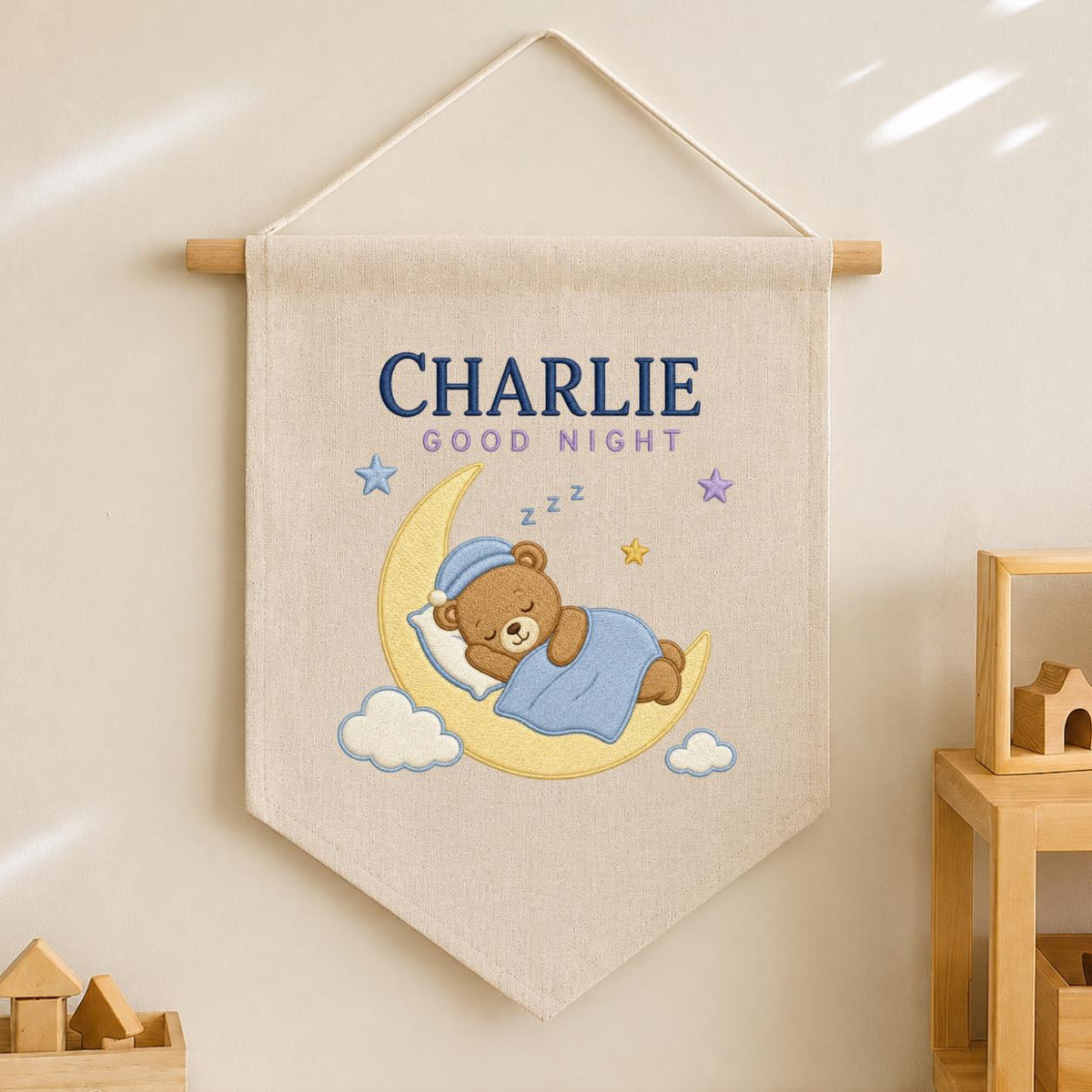 Personalized Sleepy Bear Pennant, Charlie Name Moon Wall Decor, Teddy Bear Embroidery Banner, Nursery Wall Hanging, Baby Gift