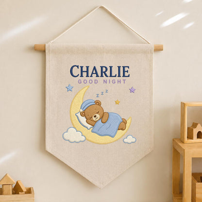 Personalized Sleepy Bear Pennant, Charlie Name Moon Wall Decor, Teddy Bear Embroidery Banner, Nursery Wall Hanging, Baby Gift