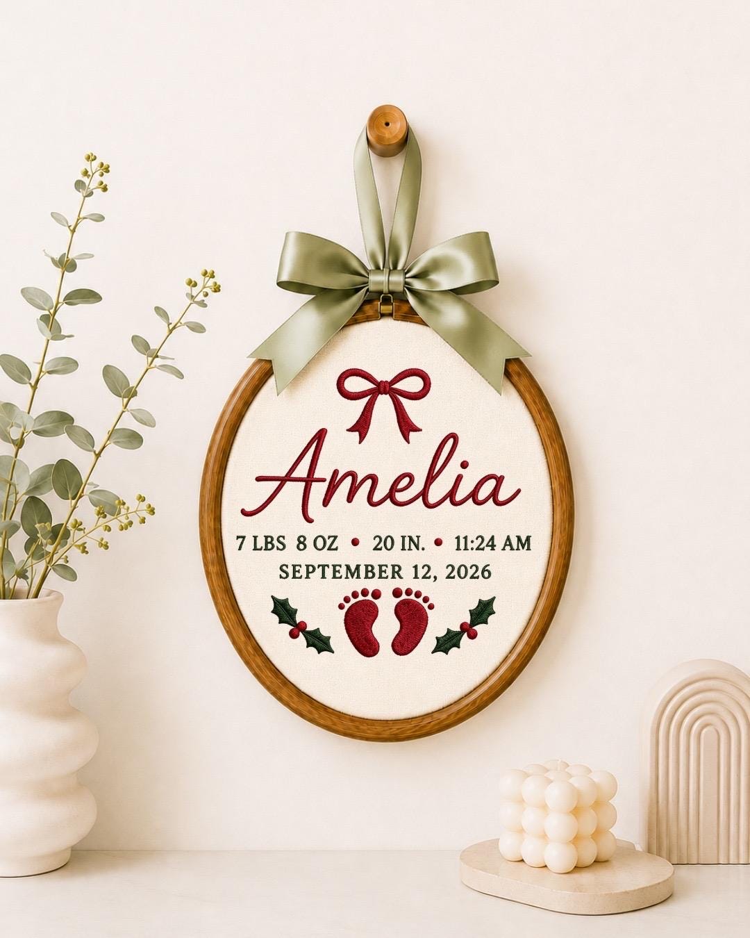 Personalized Baby Birth Stats Embroidered Ornament, Custom Newborn Name Hoop, Birth Announcement Keepsake, Baby Girl Christmas Gift