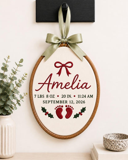 Personalized Baby Birth Stats Embroidered Ornament, Custom Newborn Name Hoop, Birth Announcement Keepsake, Baby Girl Christmas Gift