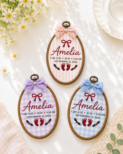Personalized Baby Birth Stats Embroidered Ornament, Custom Newborn Name Hoop, Birth Announcement Keepsake, Baby Girl Christmas Gift