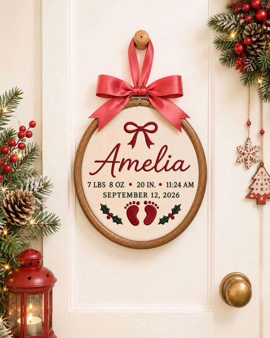 Personalized Baby Birth Stats Embroidered Ornament, Custom Newborn Name Hoop, Birth Announcement Keepsake, Baby Girl Christmas Gift