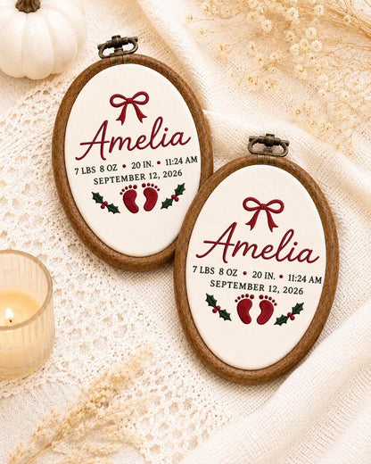 Personalized Baby Birth Stats Embroidered Ornament, Custom Newborn Name Hoop, Birth Announcement Keepsake, Baby Girl Christmas Gift