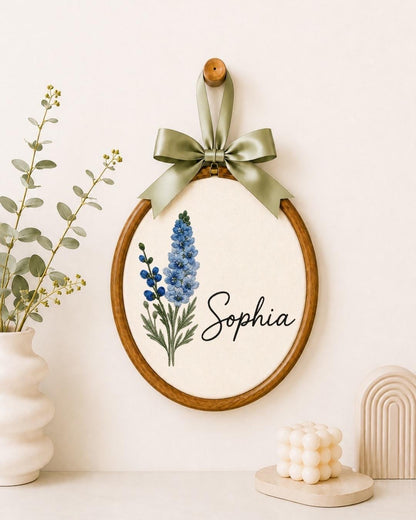 Personalized Birth Flower Embroidered Ornament, Custom Name Floral Hoop, Birth Month Flower Gift, Botanical Nursery Decor, Baby Keepsake