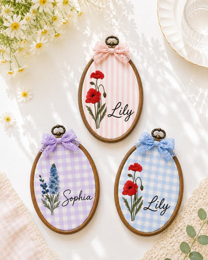Personalized Birth Flower Embroidered Ornament, Custom Name Floral Hoop, Birth Month Flower Gift, Botanical Nursery Decor, Baby Keepsake