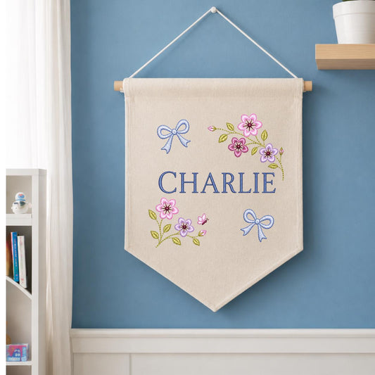 Personalized Flower Banner, Charlie Name Wall Decor, Floral Embroidery Pennant with Blue Bows, Cottagecore Nursery Hanging, Custom Gift