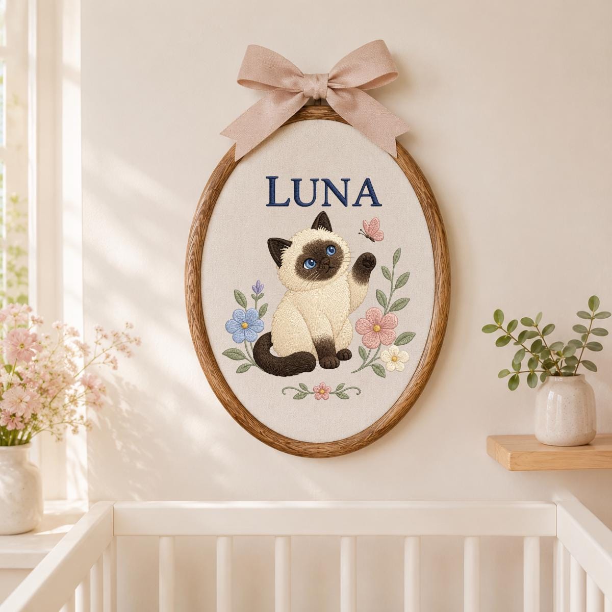 Personalized Cat Embroidery Ornament, Luna Siamese Cat Oval Hoop Wall Hanging, Floral Nursery Decor, Custom Name Gift, Cat Lover Keepsake