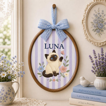 Personalized Cat Embroidery Ornament, Luna Siamese Cat Oval Hoop Wall Hanging, Floral Nursery Decor, Custom Name Gift, Cat Lover Keepsake