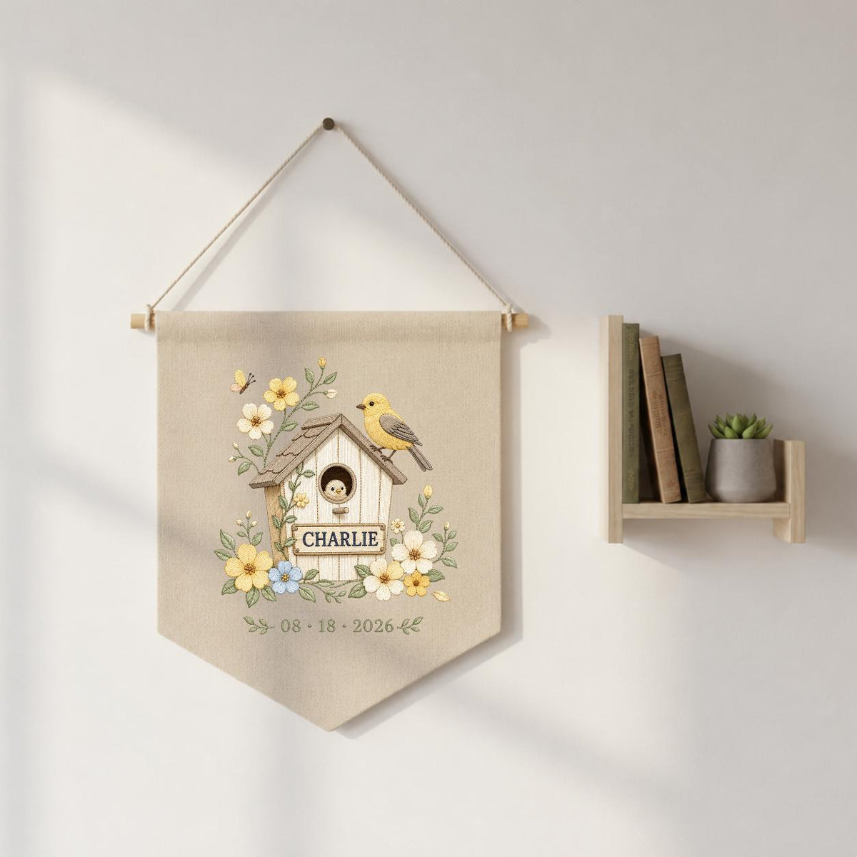 Personalized Birdhouse Wall Hanging, Charlie Name Embroidery Banner, Floral Bird and Nest Pennant, Custom Date Decor, Garden Gift