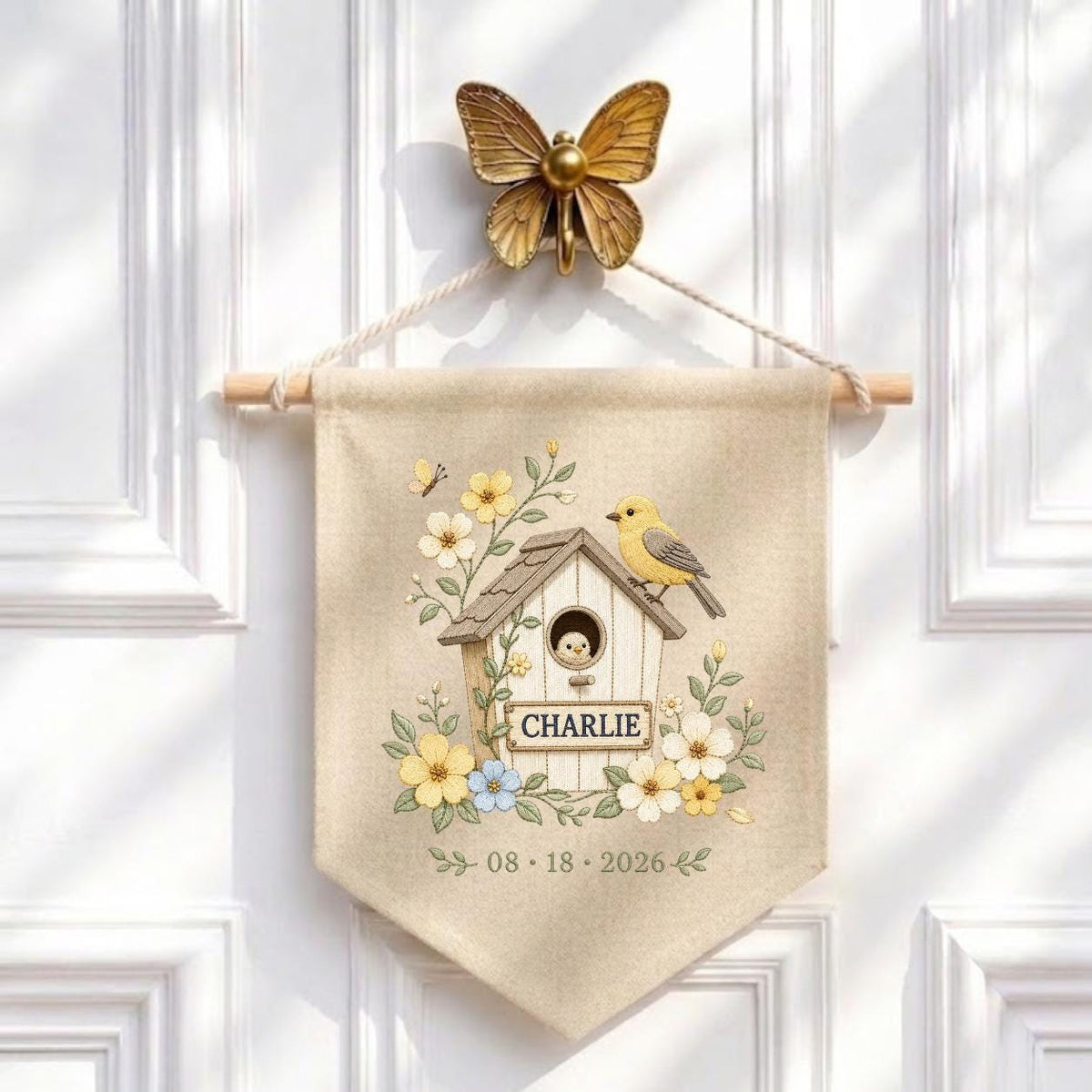 Personalized Birdhouse Wall Hanging, Charlie Name Embroidery Banner, Floral Bird and Nest Pennant, Custom Date Decor, Garden Gift