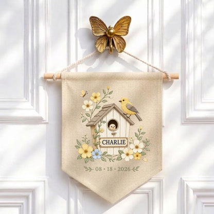 Personalized Birdhouse Wall Hanging, Charlie Name Embroidery Banner, Floral Bird and Nest Pennant, Custom Date Decor, Garden Gift