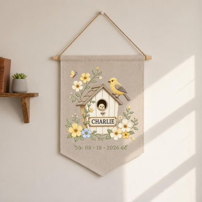 Personalized Birdhouse Wall Hanging, Charlie Name Embroidery Banner, Floral Bird and Nest Pennant, Custom Date Decor, Garden Gift