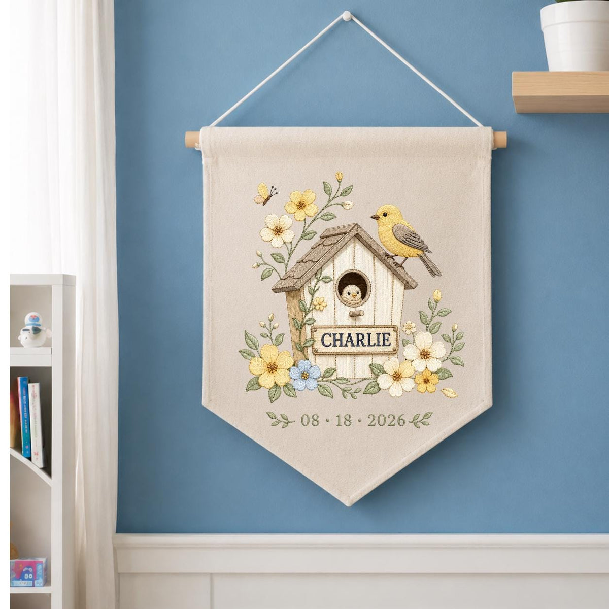 Personalized Birdhouse Wall Hanging, Charlie Name Embroidery Banner, Floral Bird and Nest Pennant, Custom Date Decor, Garden Gift