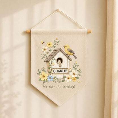 Personalized Birdhouse Wall Hanging, Charlie Name Embroidery Banner, Floral Bird and Nest Pennant, Custom Date Decor, Garden Gift