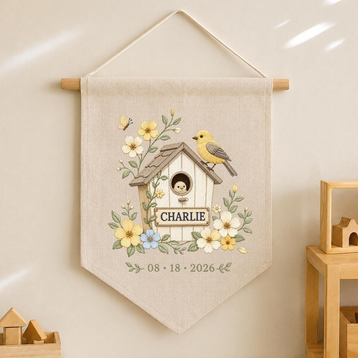 Personalized Birdhouse Wall Hanging, Charlie Name Embroidery Banner, Floral Bird and Nest Pennant, Custom Date Decor, Garden Gift