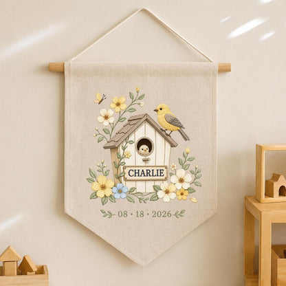 Personalized Birdhouse Wall Hanging, Charlie Name Embroidery Banner, Floral Bird and Nest Pennant, Custom Date Decor, Garden Gift