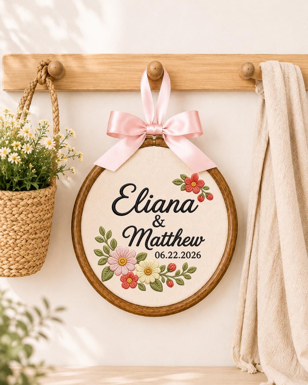 Personalized Couple Names Embroidered Ornament, Custom Wedding Date Floral Hoop, Anniversary Gift, Wedding Keepsake, Bridal Shower Gift