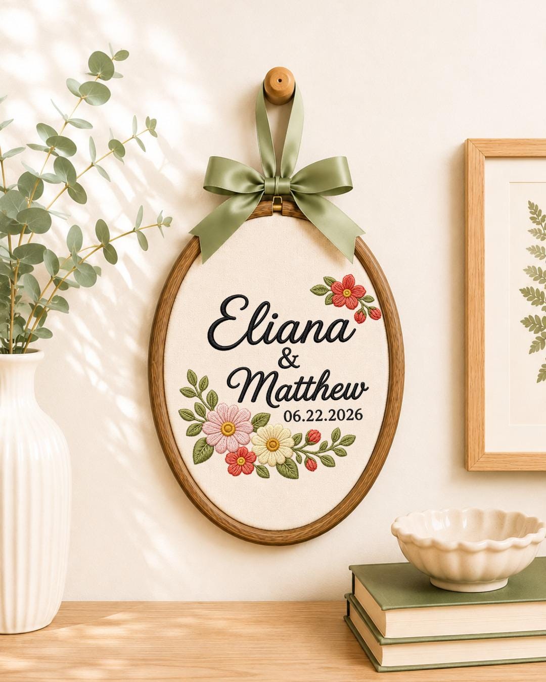 Personalized Couple Names Embroidered Ornament, Custom Wedding Date Floral Hoop, Anniversary Gift, Wedding Keepsake, Bridal Shower Gift