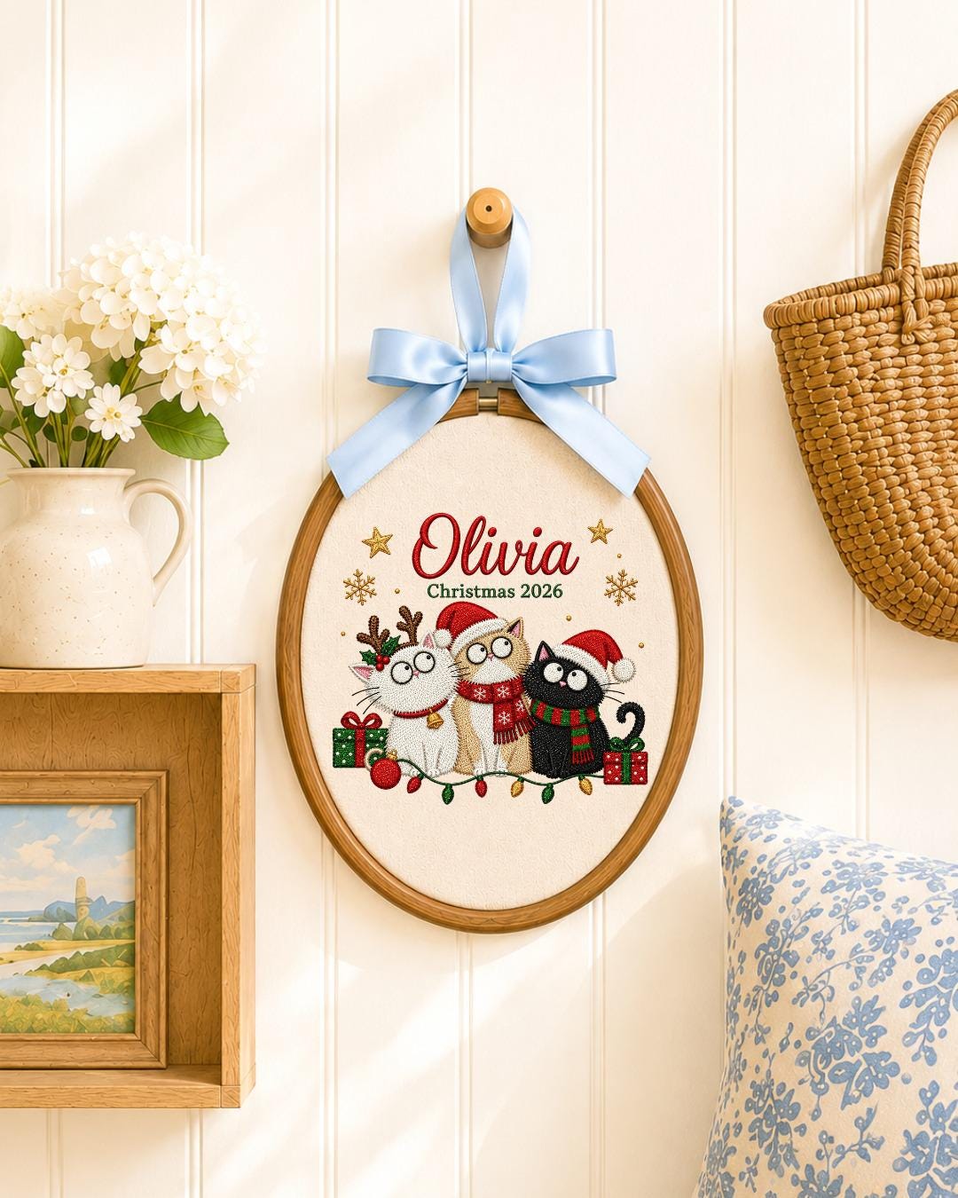 Personalized Christmas Cat Embroidered Ornament, Custom Cat Name Hoop, Cat Lover Christmas Gift, Holiday Pet Keepsake, Christmas 2026