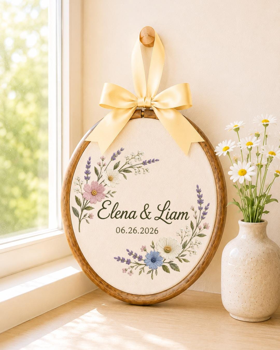 Personalized Wedding Embroidered Ornament, Custom Couple Names Floral Hoop, Wedding Date Keepsake, Anniversary Gift, Bridal Shower Gift