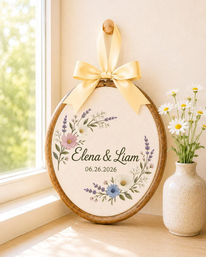 Personalized Wedding Embroidered Ornament, Custom Couple Names Floral Hoop, Wedding Date Keepsake, Anniversary Gift, Bridal Shower Gift