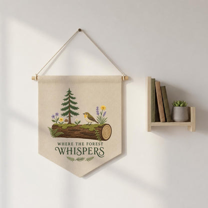 Forest Whispers Embroidery Banner, Nature-Inspired Wall Hanging, Woodland Bird and Tree Decor, Rustic Home Gift, Outdoor Lover Art