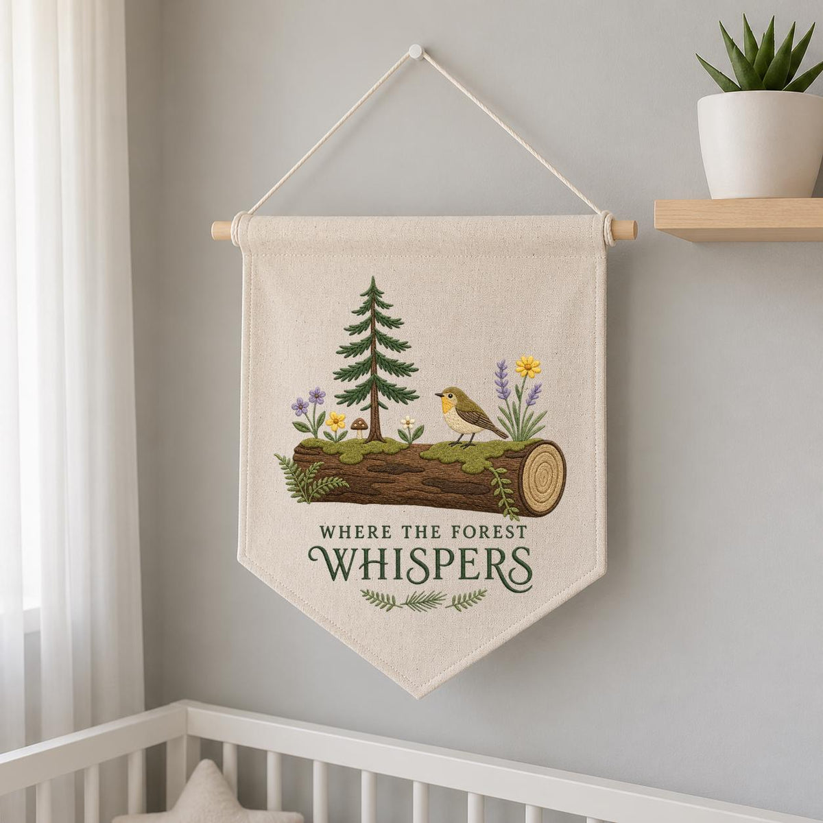 Forest Whispers Embroidery Banner, Nature-Inspired Wall Hanging, Woodland Bird and Tree Decor, Rustic Home Gift, Outdoor Lover Art