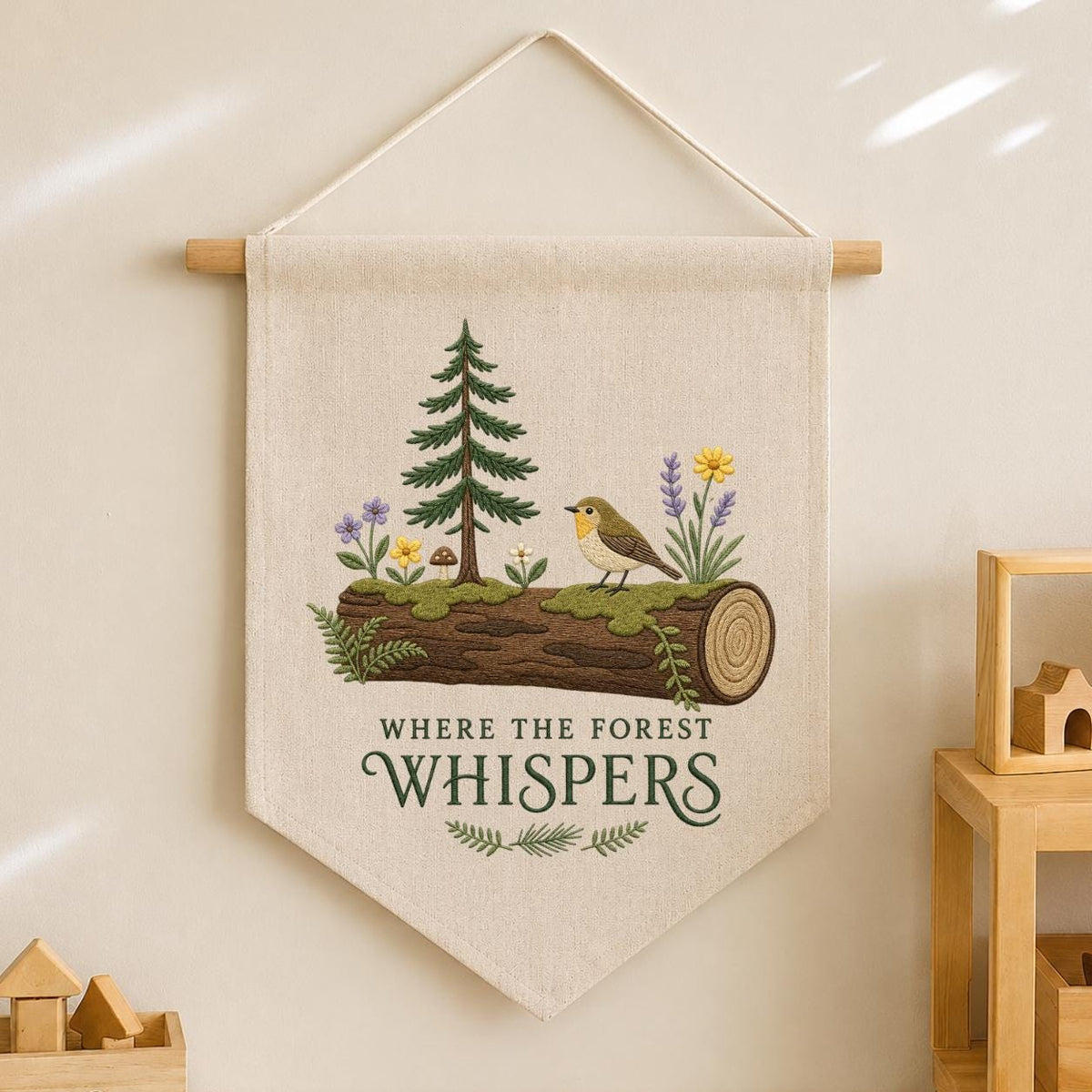 Forest Whispers Embroidery Banner, Nature-Inspired Wall Hanging, Woodland Bird and Tree Decor, Rustic Home Gift, Outdoor Lover Art