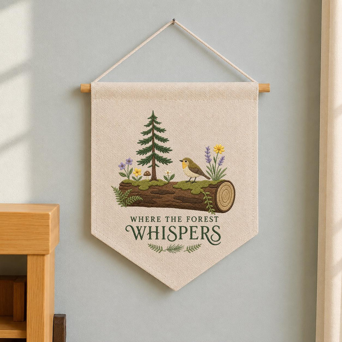 Forest Whispers Embroidery Banner, Nature-Inspired Wall Hanging, Woodland Bird and Tree Decor, Rustic Home Gift, Outdoor Lover Art