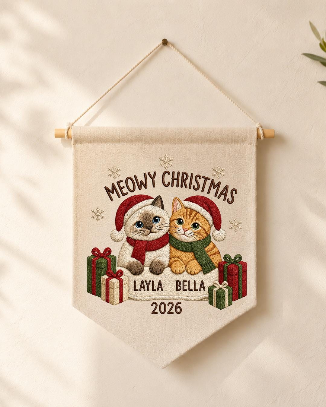 Personalized Christmas Cat Wall Hanging, Custom Names Embroidered Banner, Meowy Christmas Cat Decor, Pet Lover Holiday Gift