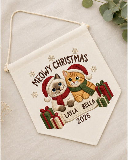 Personalized Christmas Cat Wall Hanging, Custom Names Embroidered Banner, Meowy Christmas Cat Decor, Pet Lover Holiday Gift