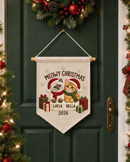Personalized Christmas Cat Wall Hanging, Custom Names Embroidered Banner, Meowy Christmas Cat Decor, Pet Lover Holiday Gift