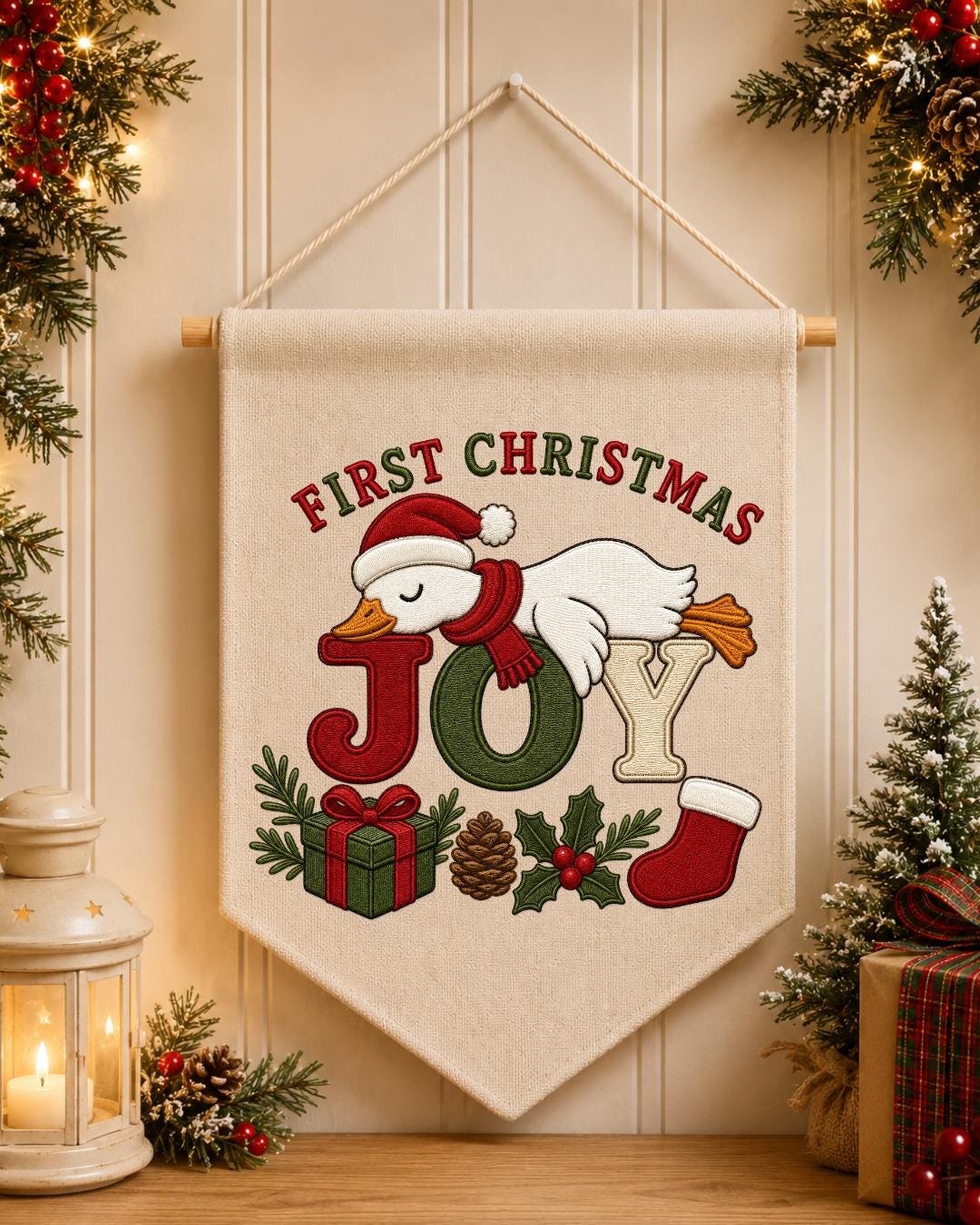 Personalized First Christmas Goose Wall Hanging, Custom Embroidered Banner, Christmas Joy Nursery Decor, Baby First Christmas Gift